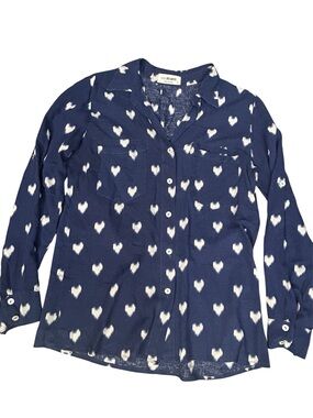 4our Dreamers Navy Blue Ikat Heart Button-Down Blouse (Size XS)
